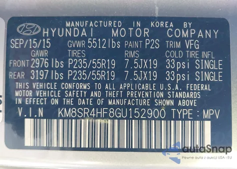 2016 Hyundai Santa Fe Limited from USA, damaged, VIN KM8SR4HF8GU152900